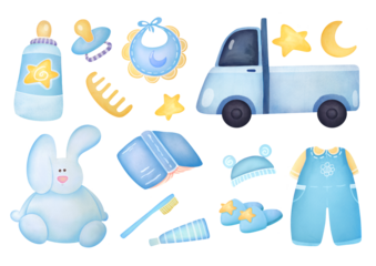 blue cute watercolor kids elements set with boy s clothes, toy bunny, car, pacifier, baby bottle with milk, bib. big newborn stickers collection. baby shower and Gender Reveals Party