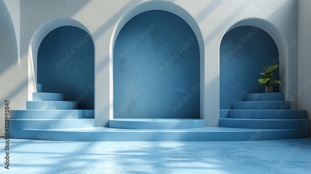 Aufkleber a blue background with shadows and light. empty podiums. mockup.