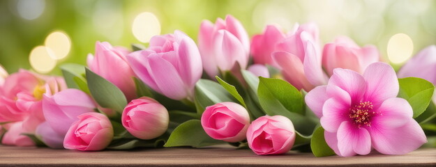 Pink Tulips and Cherry Blossom Close-Up