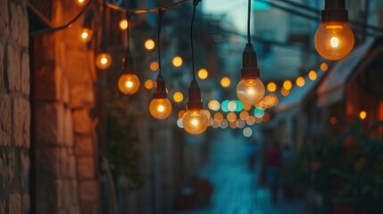 Colorful Ramadan lanterns and lights in street. Festive greeting card for the holy month of fasting and celebration. - obrazy, fototapety, plakaty