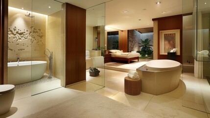 Elegant Bathroom with Seamless Glass Partition Separating Shower Area AI Generated.
