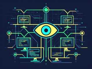 Digital underworld illuminated by neon lines, revealing a metallic structure of interconnected computers. Authority's vigilant eye monitors illicit activities in the dark web