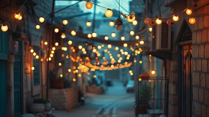 Colorful Ramadan lanterns and lights in street. Festive greeting card for the holy month of fasting...