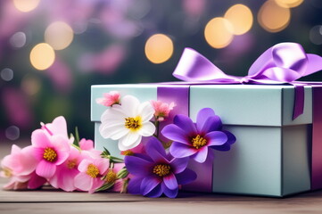 Gift Box Surrounded by Flowers and Bokeh