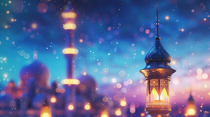 Fototapeta na wymiar Ramadan kareem or eid mubarak,eid ul fitr or eid ul adha, Lantern Islamic Background Banner holographic with Mosque and Shiny Stars