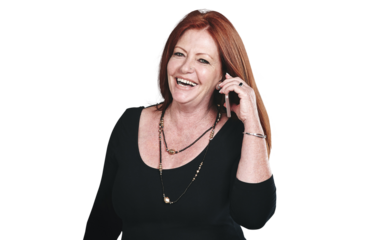 Happy, phone call and portrait of mature woman with positive, good and confident attitude. Communication, smile and female person on mobile conversation with cellphone by transparent png background.