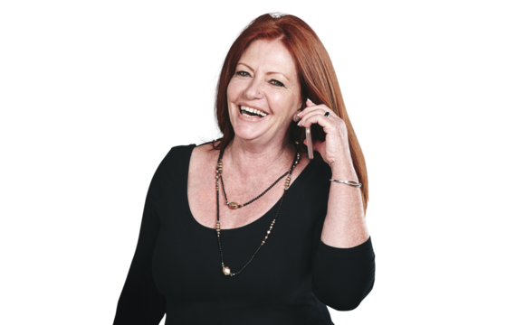 Happy, phone call and portrait of mature woman with positive, good and confident attitude. Communication, smile and female person on mobile conversation with cellphone by transparent png background.