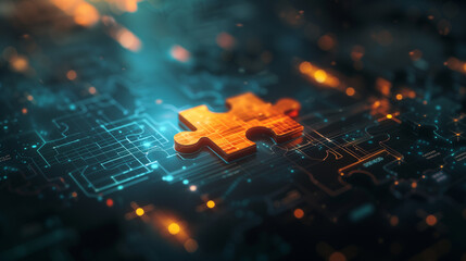 a piece of jigsaw floating on a holographic data screen. key of success in digital wolrd concept.