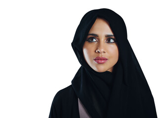 Naklejka premium Hijab, thinking or Islamic woman with ideas, decision and problem solving isolated on a transparent background. Png, Muslim person or model with solution or choice with traditional clothes or wonder