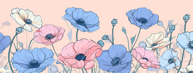 Fototapeta na wymiar Blooming Poppy Garden: A Colorful Floral Illustration on a Blue Meadow Background