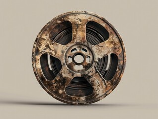 Obraz premium Hyper-realistic stock image of a film buff's intricately detailed classic film reel patch, showcasing worn texture & sharp-focus film sprockets