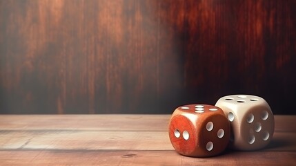 Game of chance concept. Gambling devices. White dice on rustic wooden board. Copy space for text.
 - obrazy, fototapety, plakaty