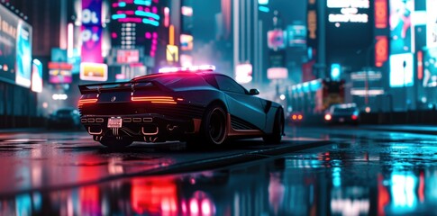 Futuristic police car with sharp-focus lights on, dark cyan and crimson color scheme, in a bokeh panorama. High-tech, sleek, and advanced design for future law enforcement and crime prevention - obrazy, fototapety, plakaty
