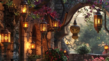 Fototapeta premium Traditional Ramadan lanterns in a cozy courtyard with stone walls and blooming flowers