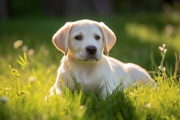 Labrador puppy in green grass