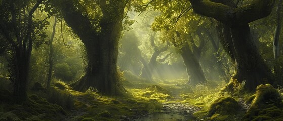 A serene woodland, where traces of a mythical battle between Elves and Orcs blend with nature, leaving behind a landscape of legend and lore. - obrazy, fototapety, plakaty