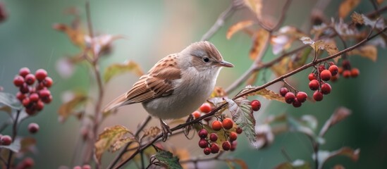Beautiful bird perched on a tree branch surrounded by ripe red berries in natural setting