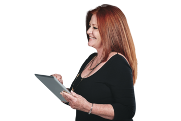 Tablet, smile and survey with business woman isolated on transparent background for checklist or questionnaire. Tech, internet or software with happy mature employee on PNG to ask for information