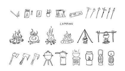 Big set of camping elements in doodle style. Campfire, matches, box of matches, tourist ax, lighter, struck match, log, wooden block, bonfire. Travel design. Adventure. Great for prints, poster - obrazy, fototapety, plakaty