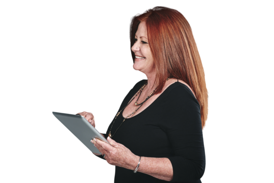 Tablet, smile and survey with business woman isolated on transparent background for checklist or questionnaire. Tech, internet or software with happy mature employee on PNG to ask for information - Powered by Adobe
