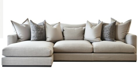 A clean and modern grey sofa with clean lines, upholstered in muted grey fabric. The pristine white background creates a striking contrast