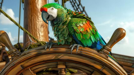 Vibrant parrot pirate perched on a wooden ship's helm. Hyper-realistic feathers in emerald green,...