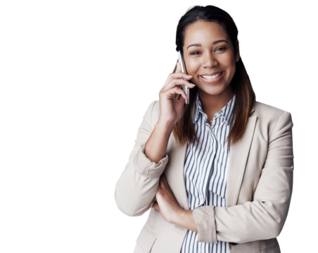Business woman, phone call and smile, communication for contract or deal with consultant on png transparent background. Corporate contact, networking and b2b at consultancy agency with portrait