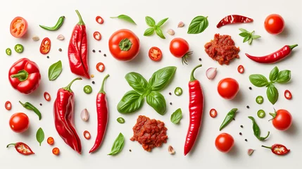 Papier Peint photo Piments forts Red hot chili pepper. Fresh organic chili pepper with leaves isolated on white background. Chili pepper with clipping path. Fresh red chili pepper and cross sections of chili pepper with seeds float