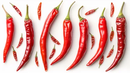 Poster Red hot chili pepper. Fresh organic chili pepper with leaves isolated on white background. Chili pepper with clipping path. Fresh red chili pepper and cross sections of chili pepper with seeds float © Sweetrose official 