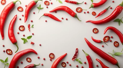 Poster Im Rahmen Red hot chili pepper. Fresh organic chili pepper with leaves isolated on white background. Chili pepper with clipping path. Fresh red chili pepper and cross sections of chili pepper with seeds float © Sweetrose official 