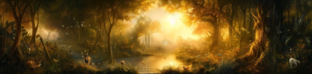 A twilight scene in the Garden of Eden, where the setting sun bathes the garden in a soft, golden light, highlighting the delicate balance of nature in this idyllic, mythical paradise. - obrazy, fototapety, plakaty