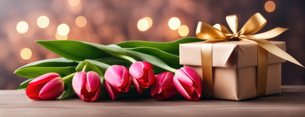 Tulips with Gift Box on Wooden Table