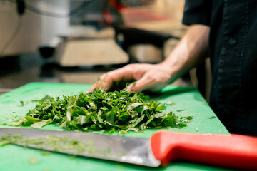 close-up of lying chopped greens and a knife on the kitchen table on a green board