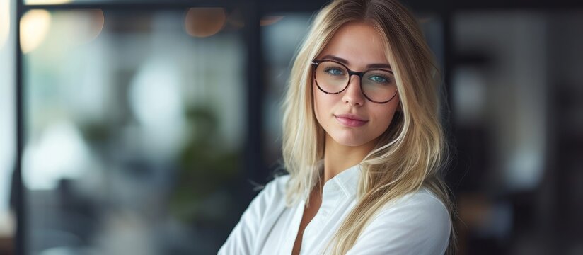 Portrait Of Intellectual Young Woman With Glasses Making Eye Contact With The Camera