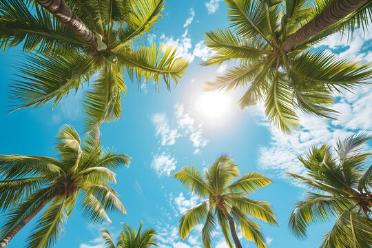 blue sky and palm trees from below