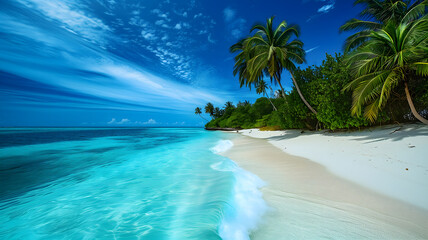 tropical beach view at sunny day with white sand, turquoise water and palm tree, neural network...