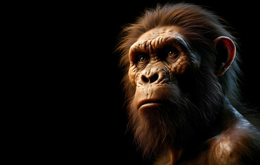 Primitive caveman ape face closeup in black background