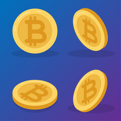 Bitcoin coin icons in multiple angles. Cryptocurrency vector on gradient background