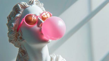 Antique-like female white statue head wears sunglasses and blows pink bubble gum. Contemporary art....