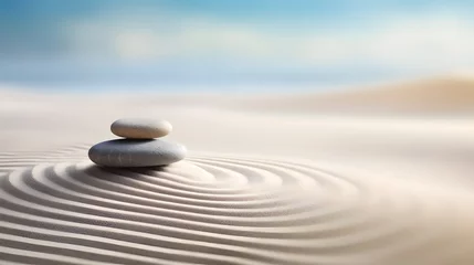 Foto op Plexiglas Stenen in het zand Zen stones with lines on the sand. Spa therapie and meditation concept