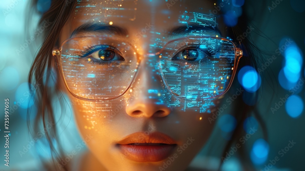 Aufkleber in the background, a coding hologram and a woman working on her tablet, thinking about data analytic