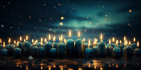 Hanukkah festive celebration concept, glow of the menorah with shining candles and star, - obrazy, fototapety, plakaty