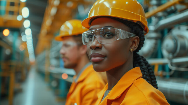 femme en tenue de chantier avec lunette de protection et casque