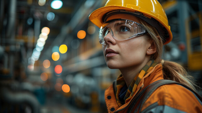 femme en tenue de chantier avec lunette de protection et casque