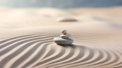 Photo sur Plexiglas Pierres dans le sable Zen stones with lines on the sand. Spa therapie and meditation concept