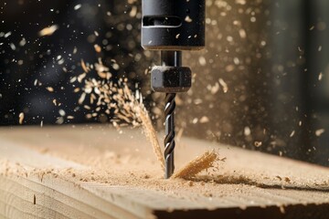 closeup of drill bit entering wood surface with sawdust flying - obrazy, fototapety, plakaty