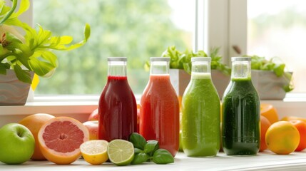 Fototapeta premium This image features a line of colorful bottles containing different types of fruit juice, each bottle garnished with a piece of fruit or herb, laid out on a pristine white surface.
