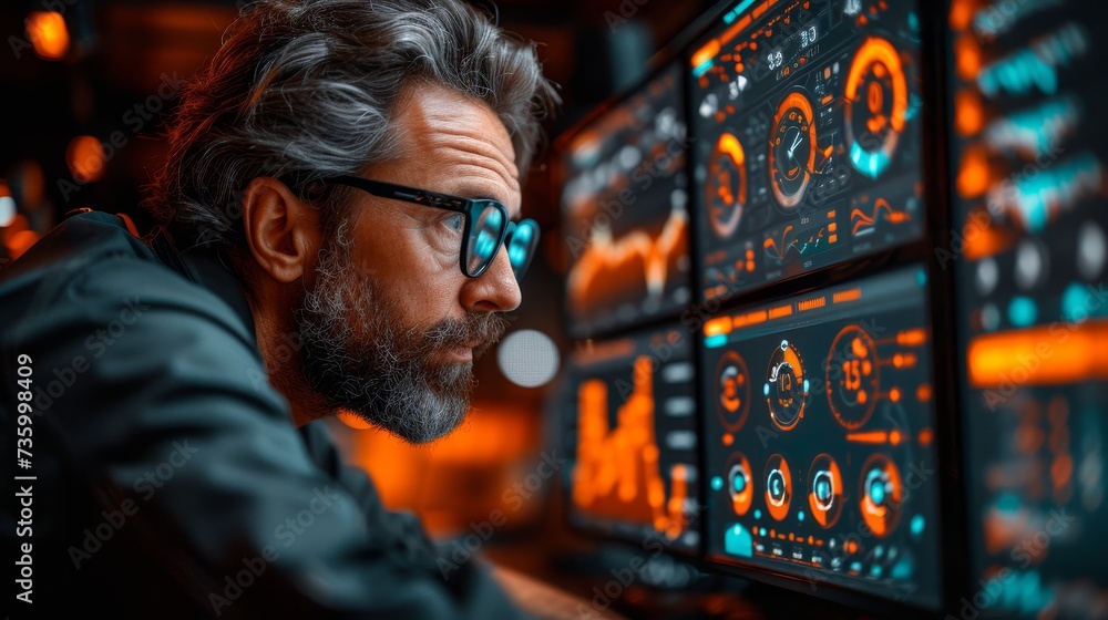 Poster Analysis of big data using artificial intelligence for business analytics. Data mining, filtering, sorting, clustering. Data scientist working on visualization on a virtual computer screen.