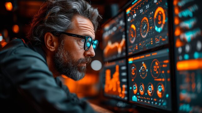 Analysis of big data using artificial intelligence for business analytics. Data mining, filtering, sorting, clustering. Data scientist working on visualization on a virtual computer screen.