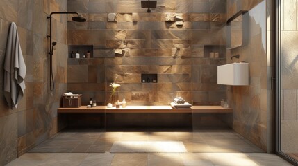 Serene International Style Bathroom with Natural Stone Tiles